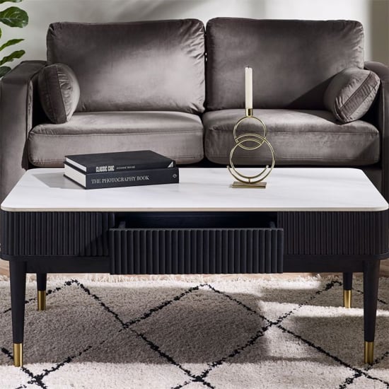 laurel stone coffee table with 2 drawers in white marble effect